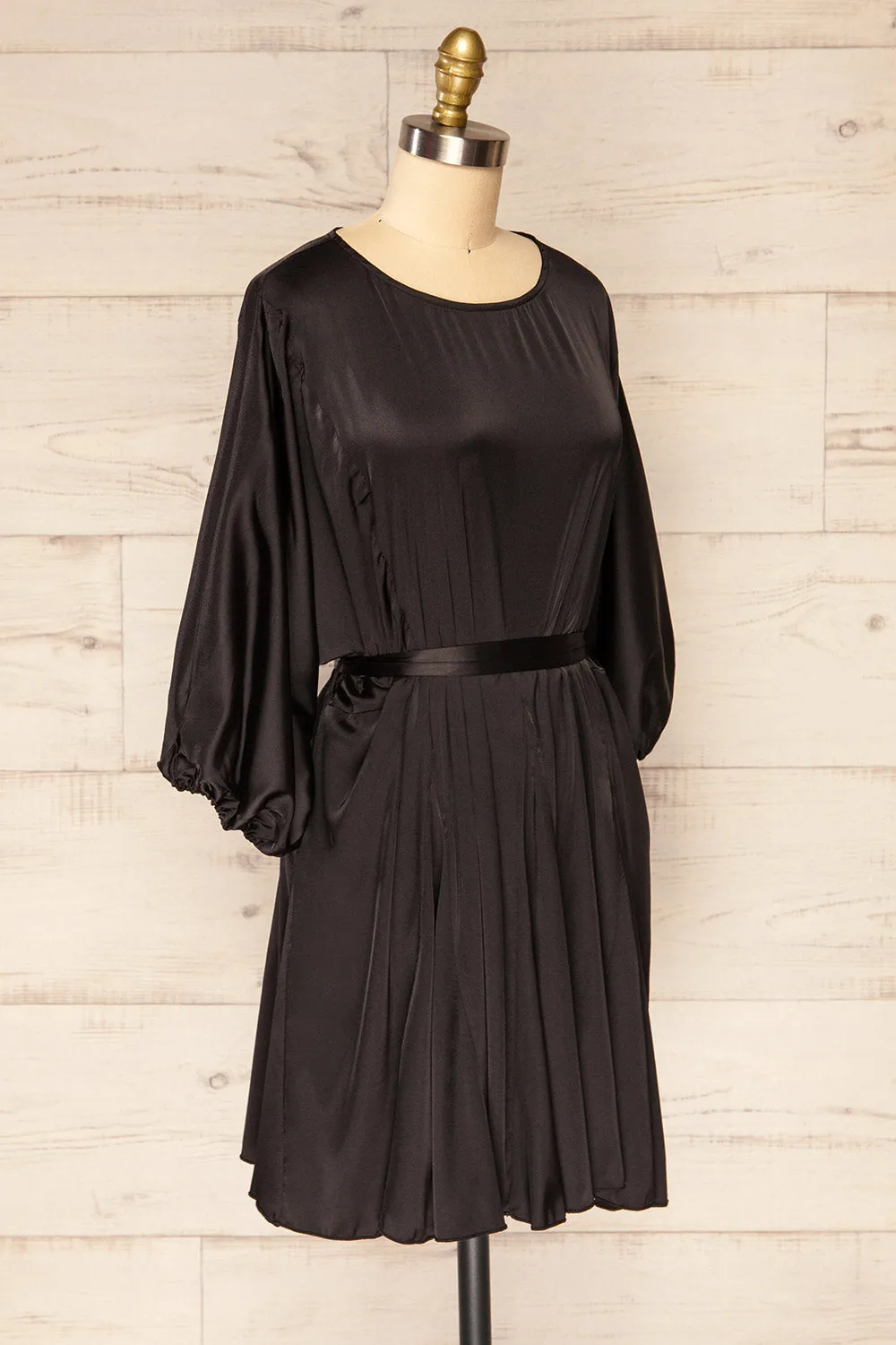 Isobel Black | Short Satin Dress w/ 3/4 Puff Sleeves