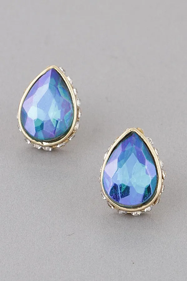 Jeweled Tear Drop Stud Earrings - Gold Blue