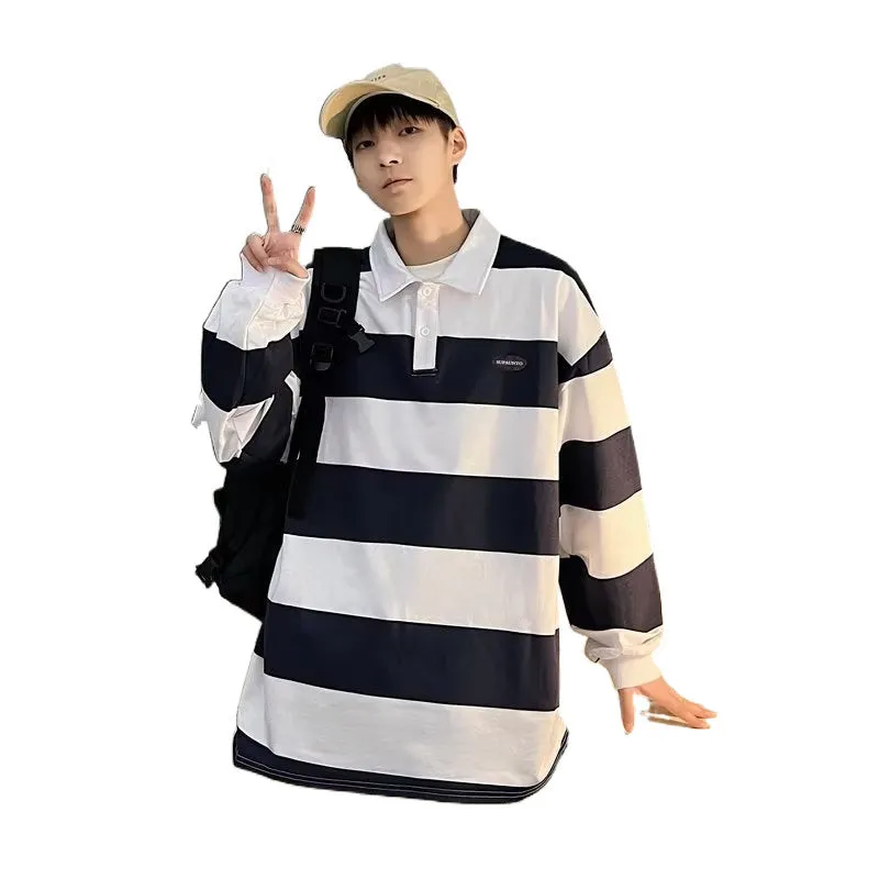 Jinquedai outfits for men Retro Color Matching Striped Long-Sleeved Polo Shirt Men's Fashion Brand Loose Boyfriend Style Couple Casual Sweater Jacket