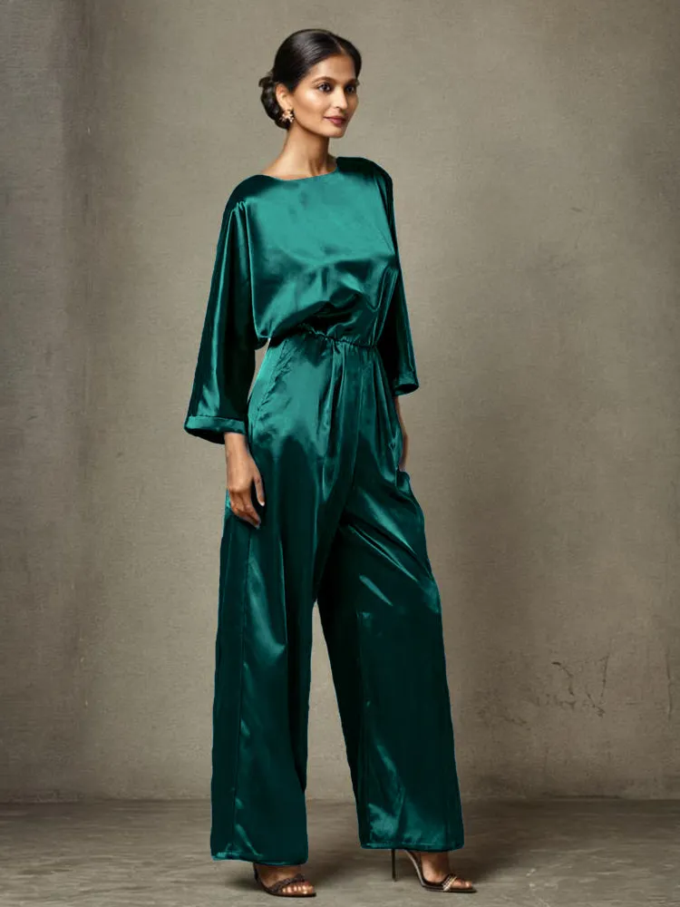 Jumpsuit/Pantsuit Round Neck Long Sleeves Soft Satin Mother Of The Bride Dress Pants Suits