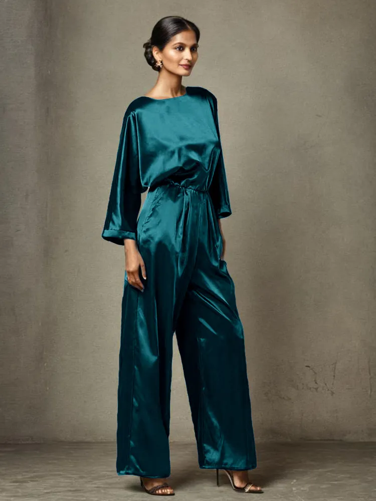 Jumpsuit/Pantsuit Round Neck Long Sleeves Soft Satin Mother Of The Bride Dress Pants Suits