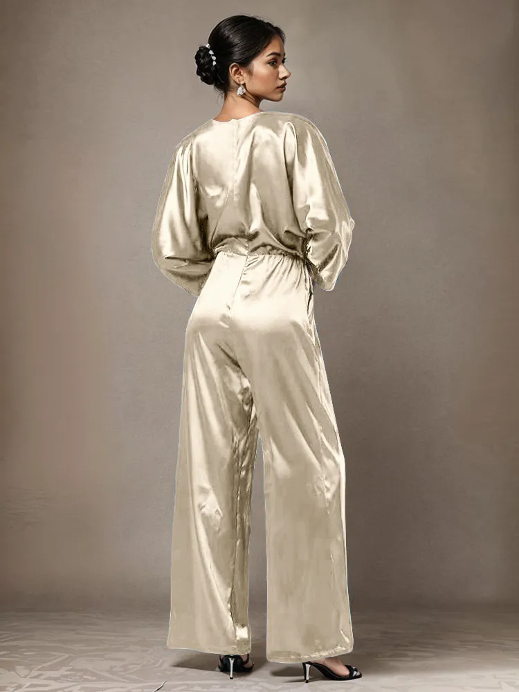 Jumpsuit/Pantsuit Round Neck Long Sleeves Soft Satin Mother Of The Bride Dress Pants Suits