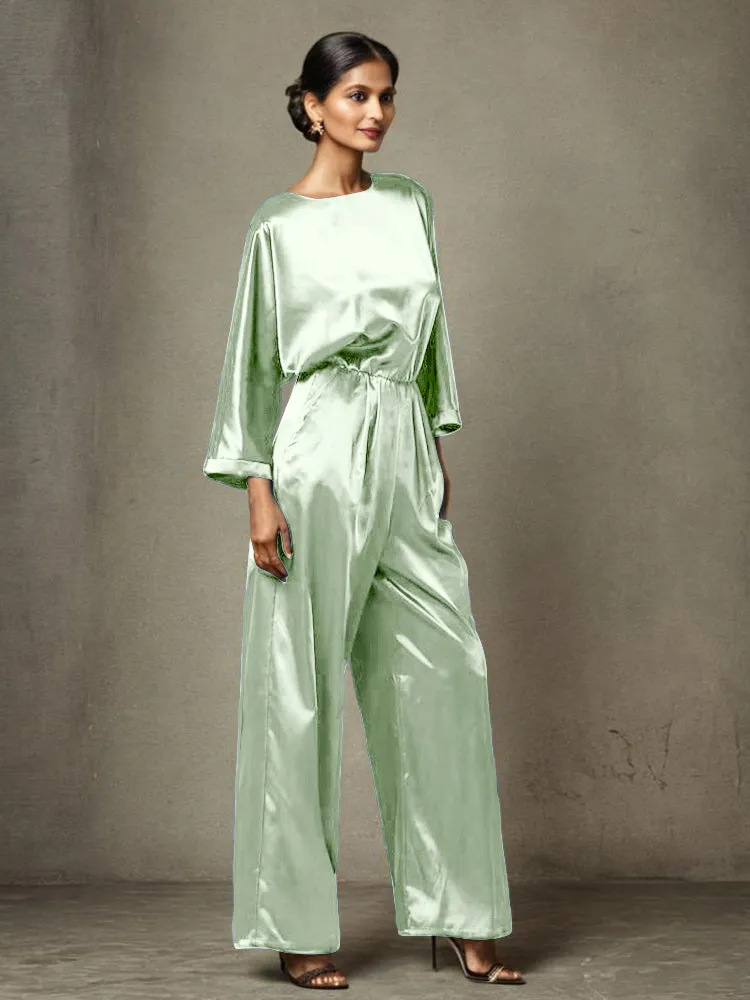 Jumpsuit/Pantsuit Round Neck Long Sleeves Soft Satin Mother Of The Bride Dress Pants Suits