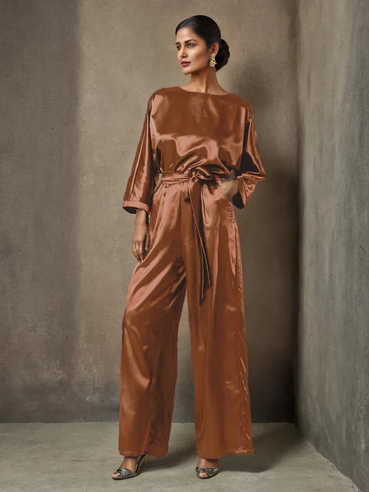 Jumpsuit/Pantsuit Round Neck Long Sleeves Soft Satin Mother Of The Bride Dress Pants Suits