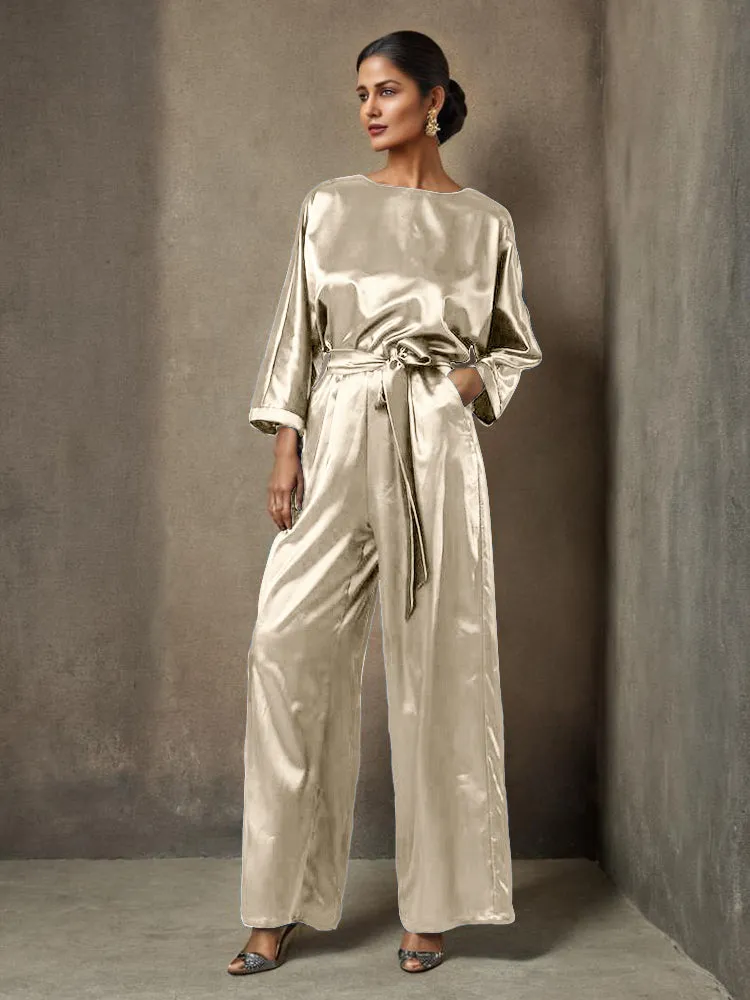 Jumpsuit/Pantsuit Round Neck Long Sleeves Soft Satin Mother Of The Bride Dress Pants Suits