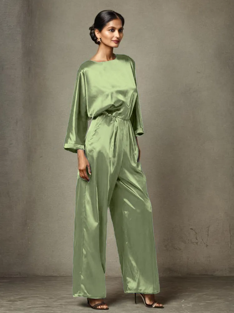 Jumpsuit/Pantsuit Round Neck Long Sleeves Soft Satin Mother Of The Bride Dress Pants Suits