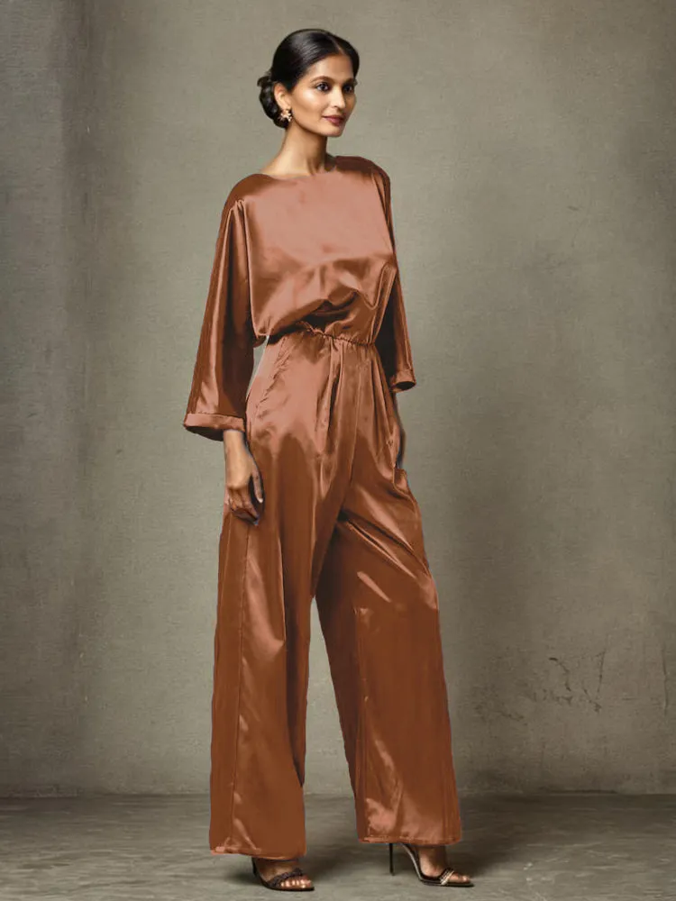 Jumpsuit/Pantsuit Round Neck Long Sleeves Soft Satin Mother Of The Bride Dress Pants Suits