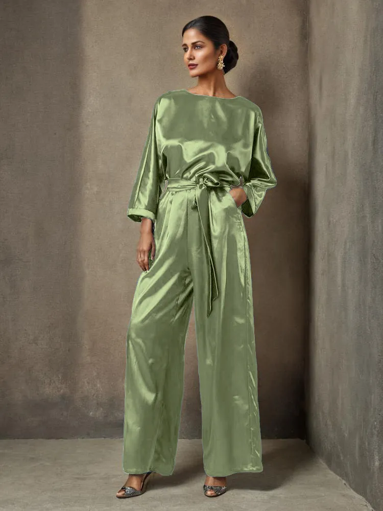 Jumpsuit/Pantsuit Round Neck Long Sleeves Soft Satin Mother Of The Bride Dress Pants Suits