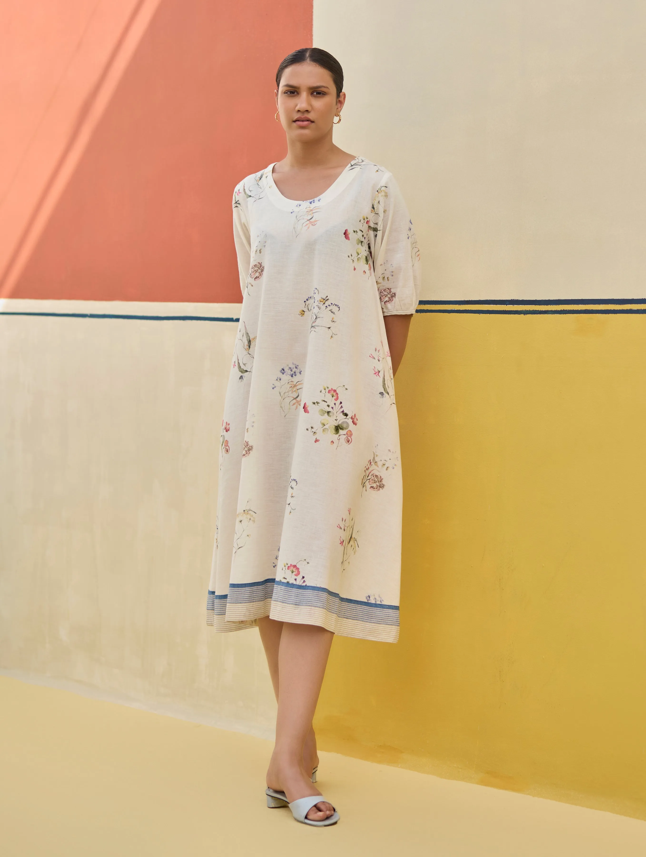 Kaya Floral Linen Dress With Overlay - Ivory