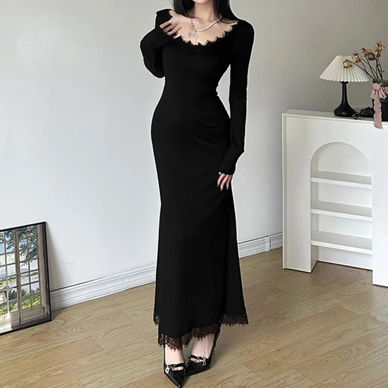 Korean Fashion Black Slim Knit Autumn Dress Female Basic Lace Spliced Solid Casual Long Dress Party Elegant Clothing