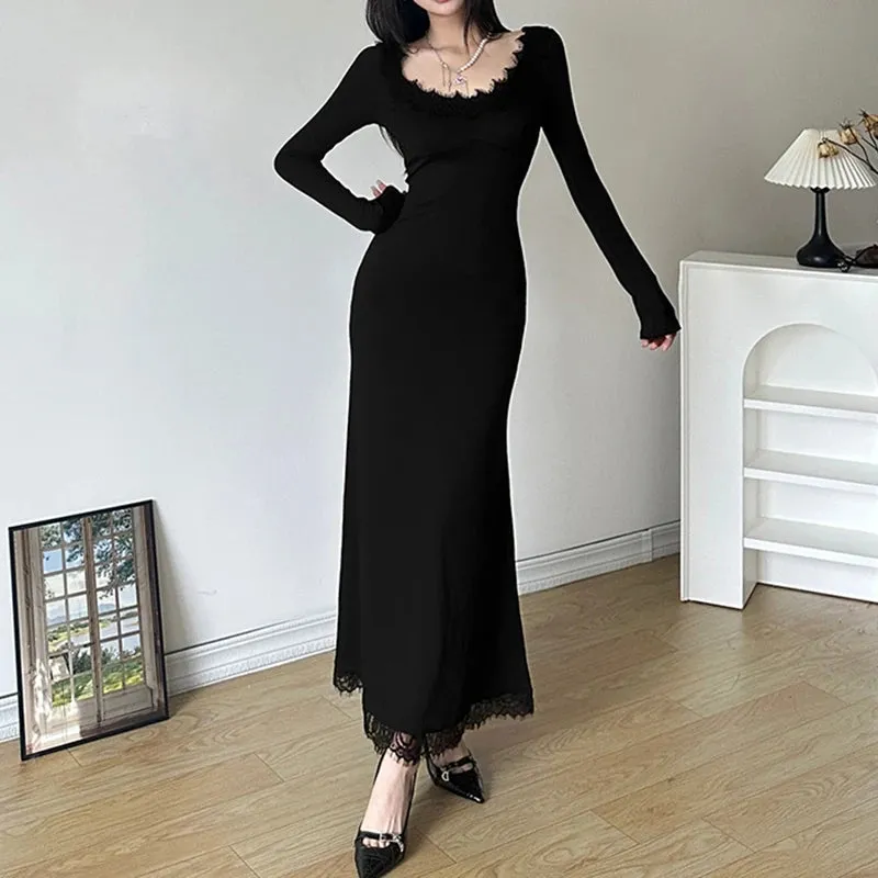 Korean Fashion Black Slim Knit Autumn Dress Female Basic Lace Spliced Solid Casual Long Dress Party Elegant Clothing