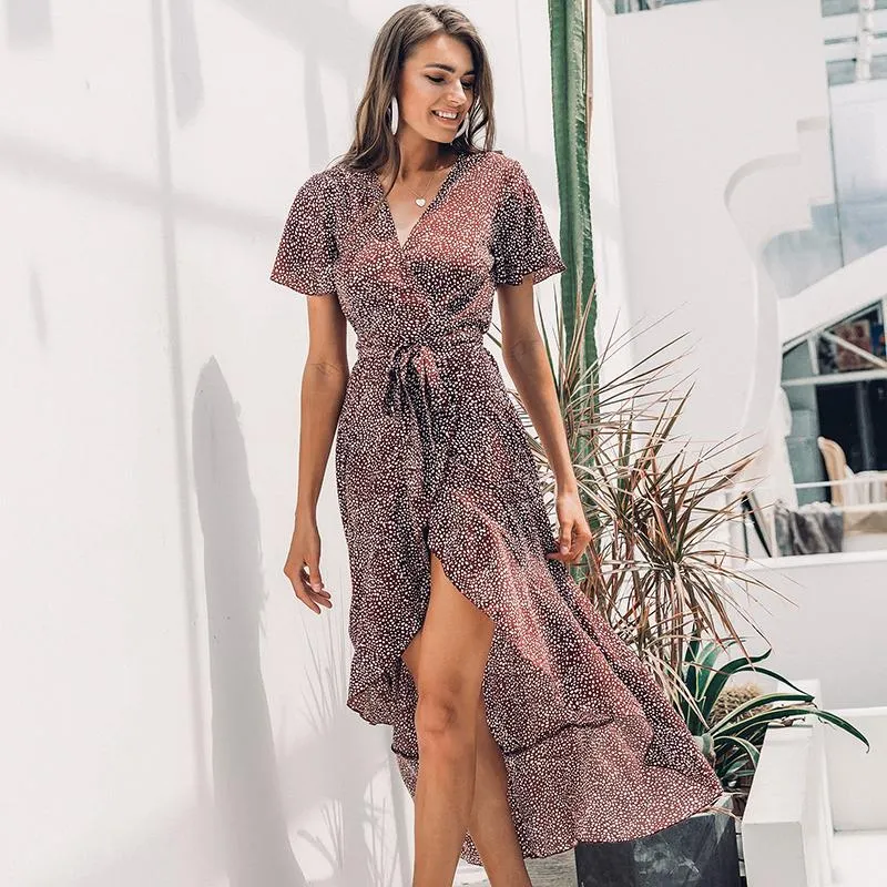 Lace Up Leopard Print Long Dress V Neck Short Sleeve With Dots