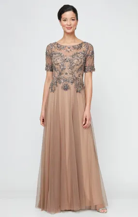 Long A-Line Hand Beaded Mock Dress with Illusion Neckline and Elbow Sleeves