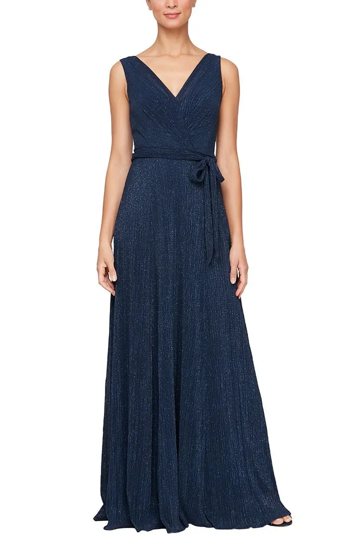 Long Glitter Mesh Sleeveless Surplice Neckline Dress with A-Line Skirt & Tie Belt