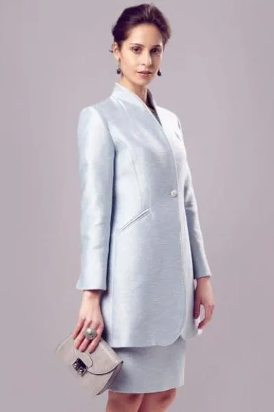 Long Jacket in Pale Blue Silk Summer Tweed with Back Detail - Mia