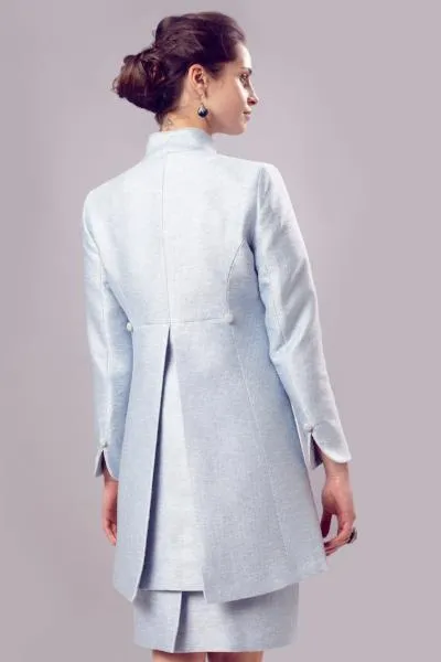 Long Jacket in Pale Blue Silk Summer Tweed with Back Detail - Mia