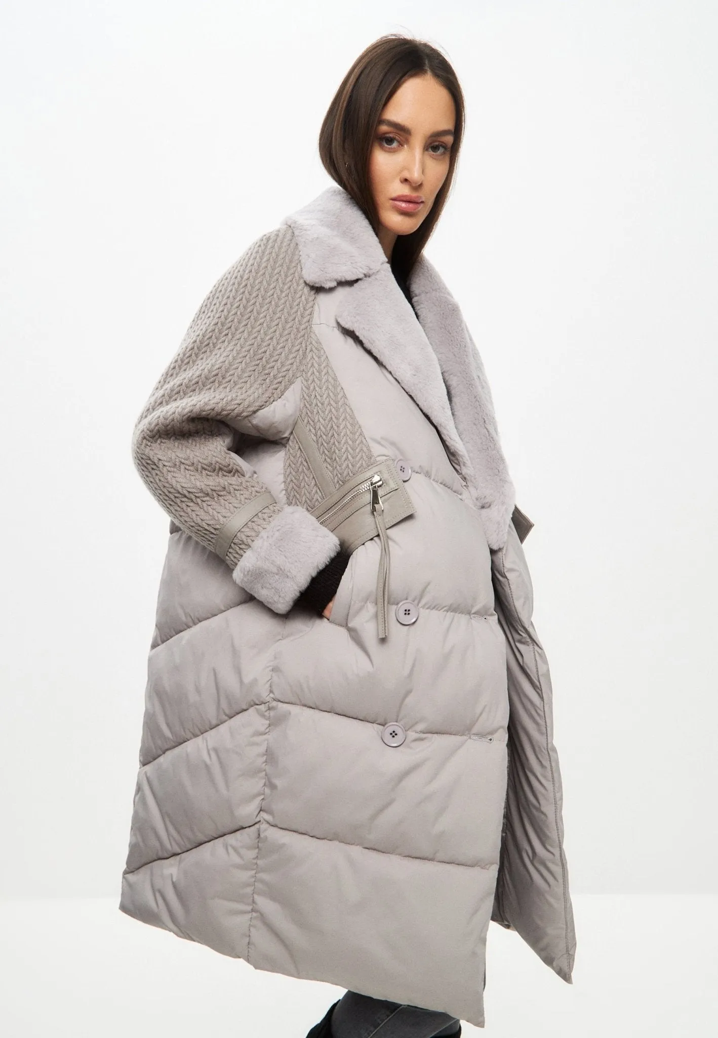 Long Quilted Coat Oversize Style - Grey