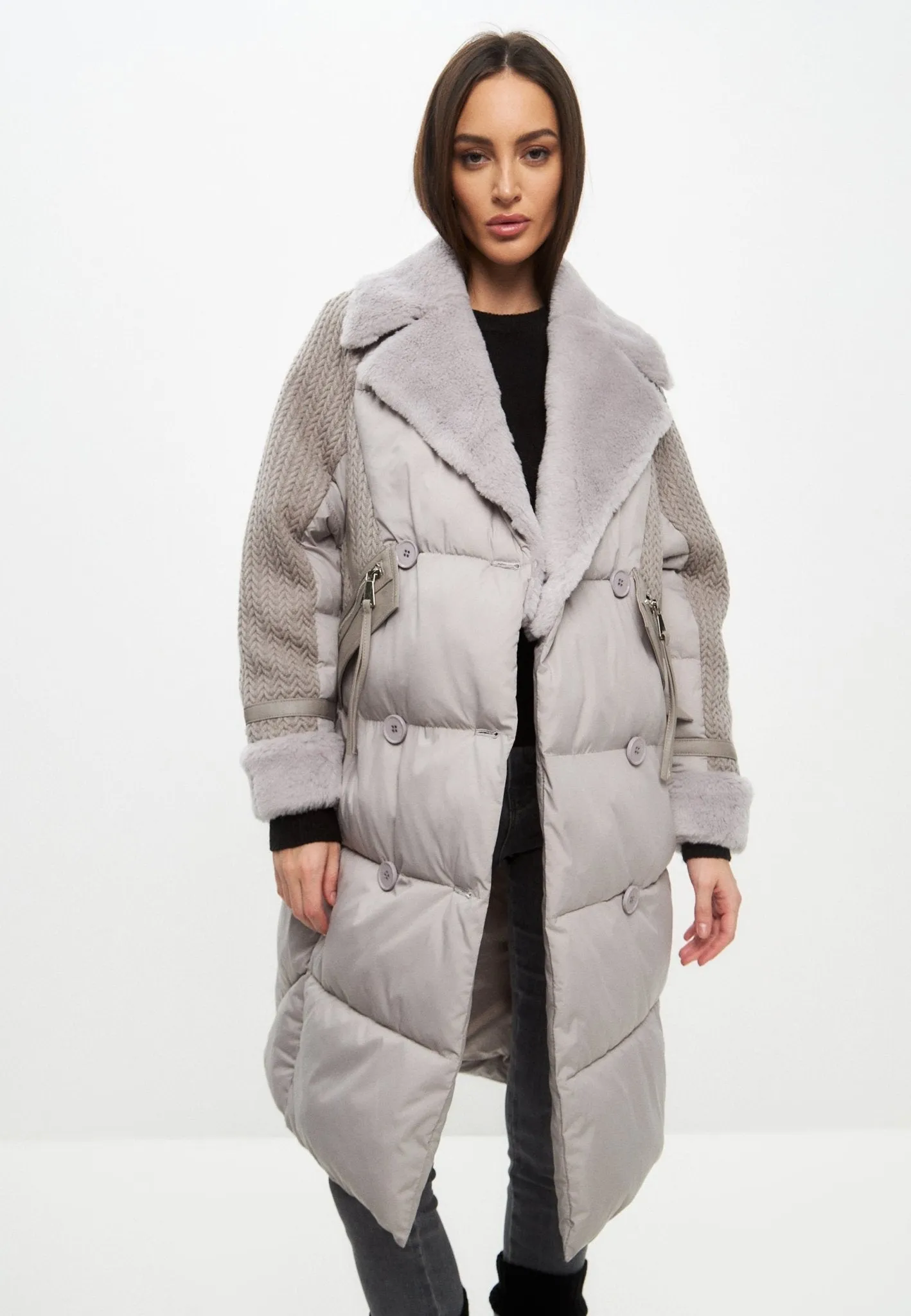 Long Quilted Coat Oversize Style - Grey