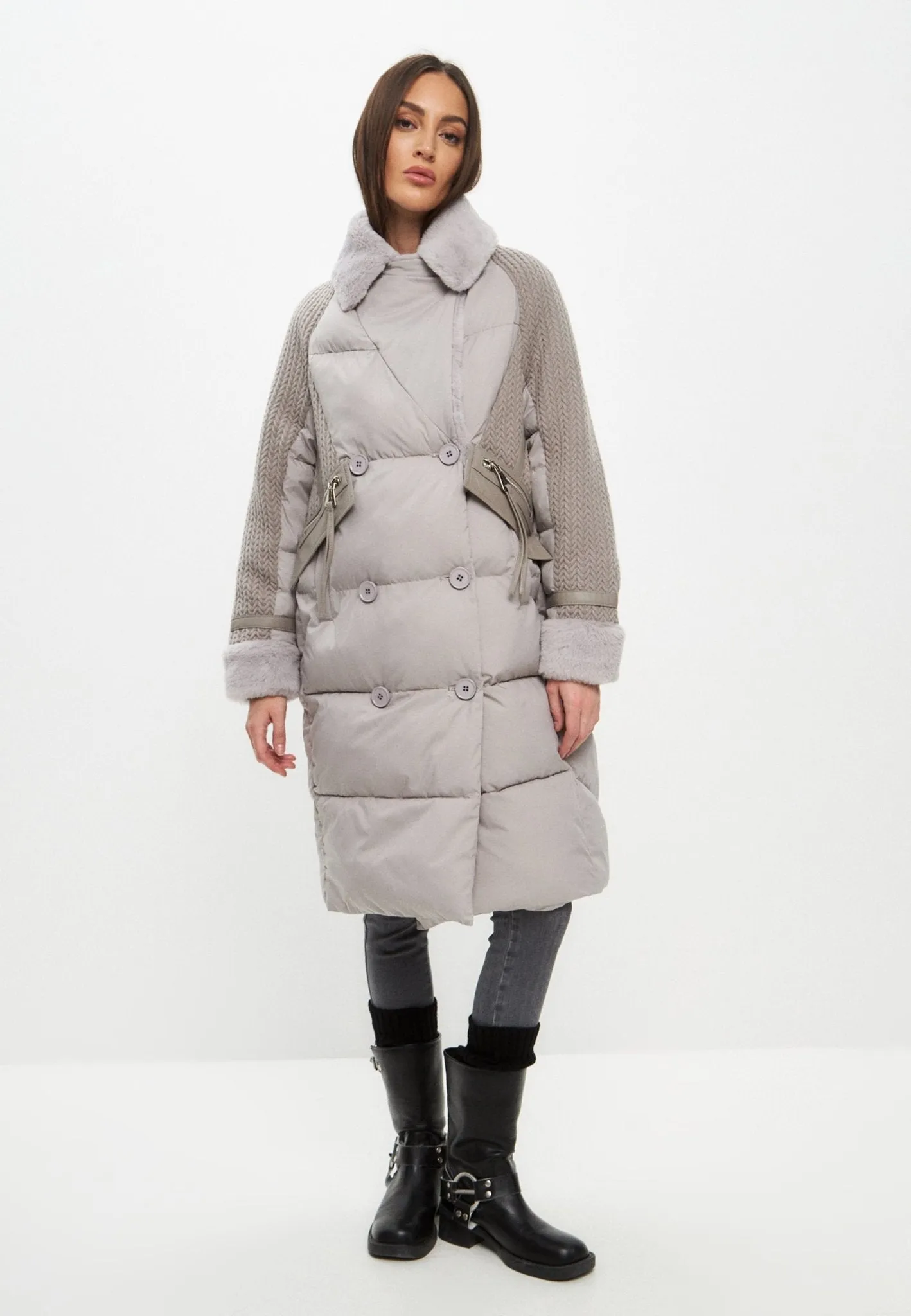 Long Quilted Coat Oversize Style - Grey