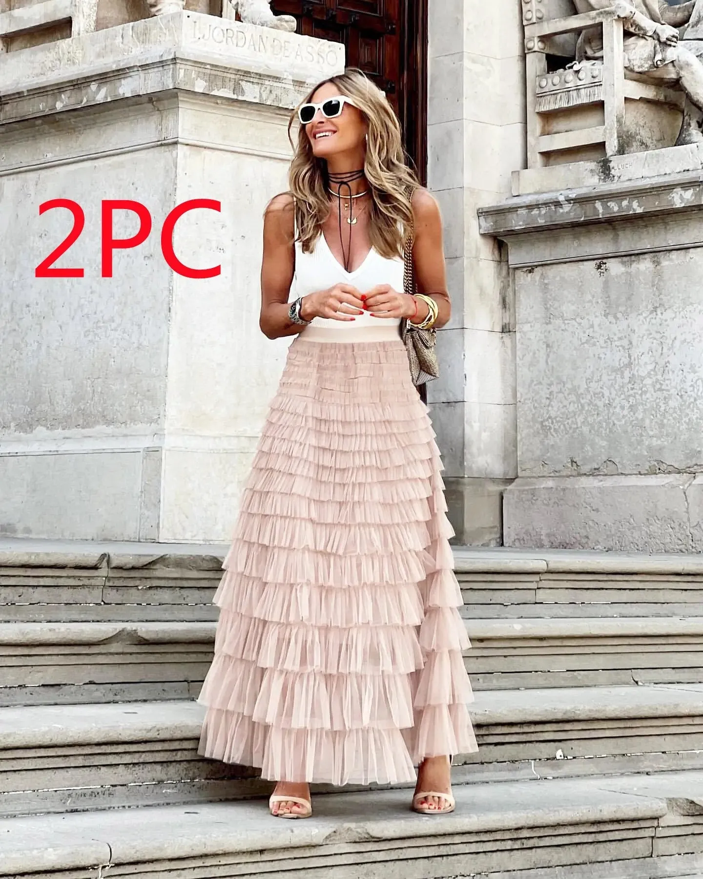 Long Skirt Party Dress Layered Ruffles Cake Skirt Summer Fashion A Line Swing Mesh Long Skirt Party Dress Women