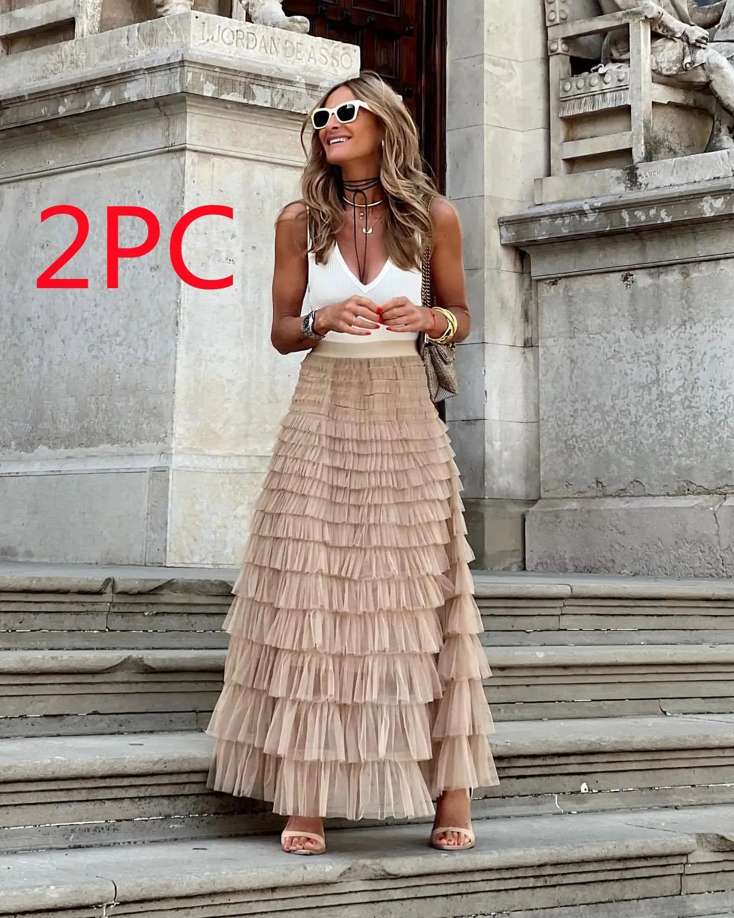 Long Skirt Party Dress Layered Ruffles Cake Skirt Summer Fashion A Line Swing Mesh Long Skirt Party Dress Women