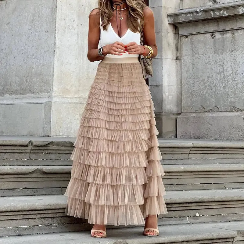 Long Skirt Party Dress Layered Ruffles Cake Skirt Summer Fashion A Line Swing Mesh Long Skirt Party Dress Women