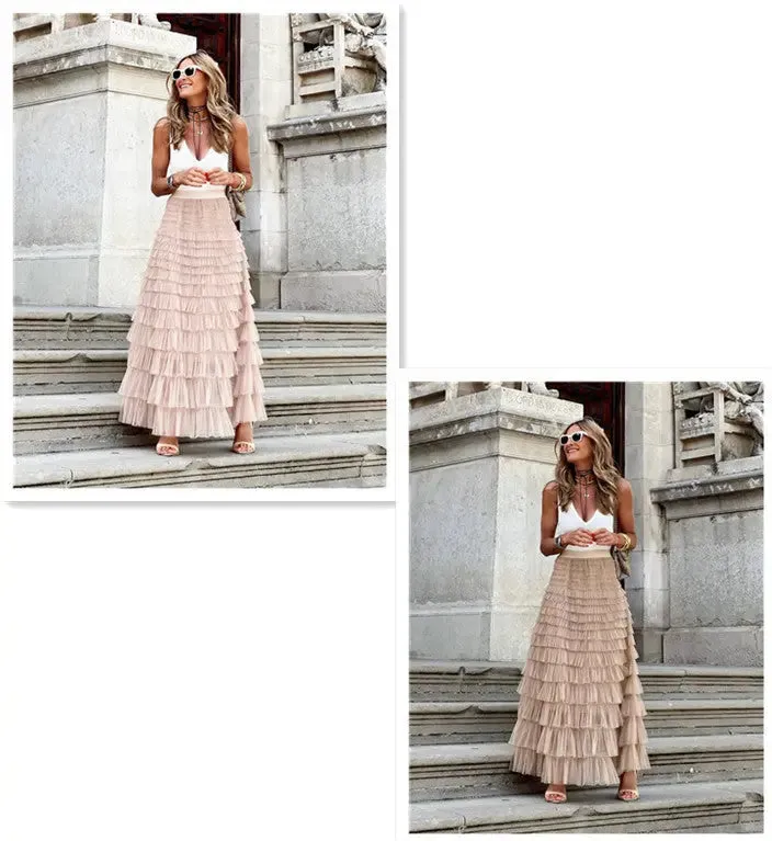 Long Skirt Party Dress Layered Ruffles Cake Skirt Summer Fashion A Line Swing Mesh Long Skirt Party Dress Women