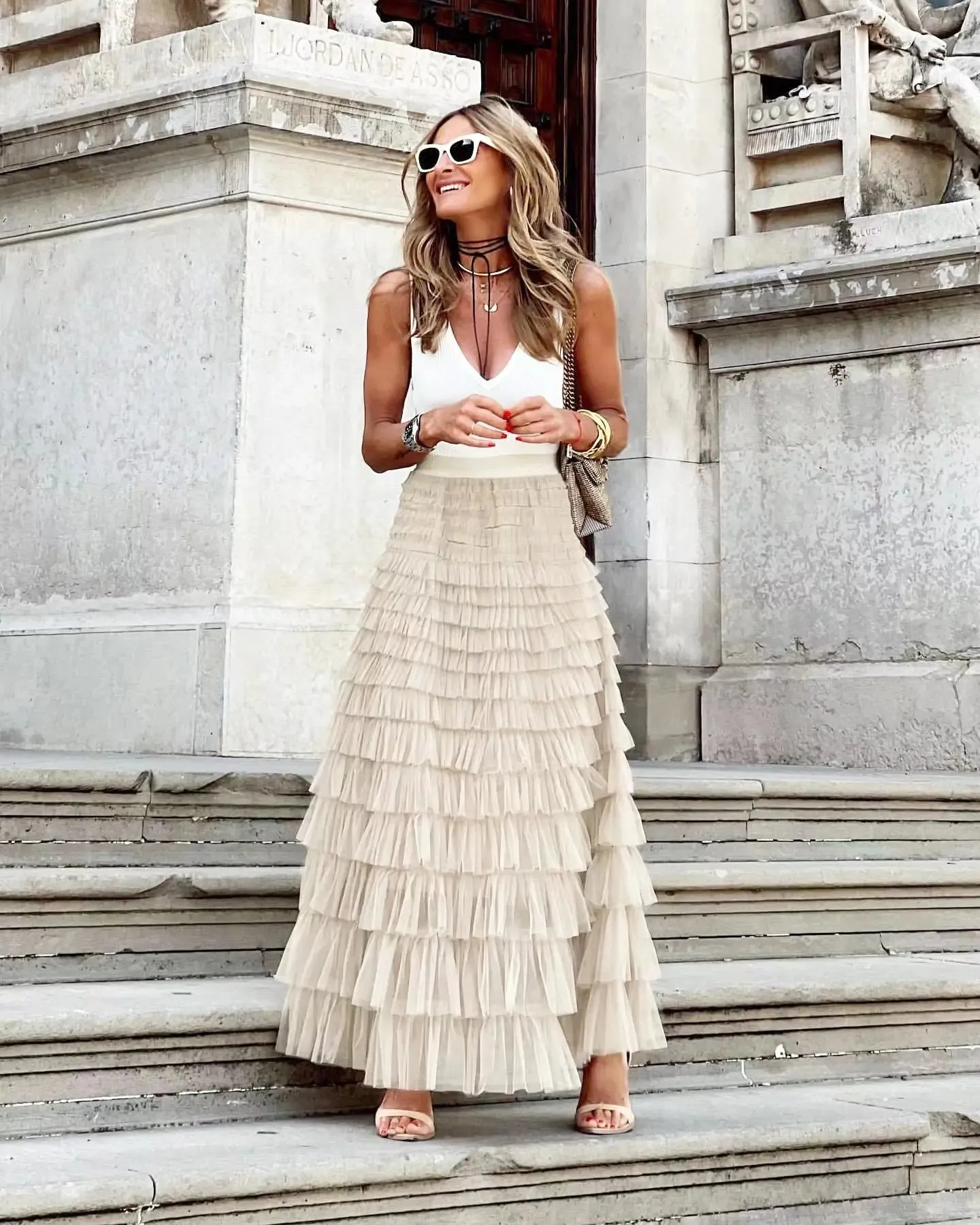 Long Skirt Party Dress Layered Ruffles Cake Skirt Summer Fashion A Line Swing Mesh Long Skirt Party Dress Women