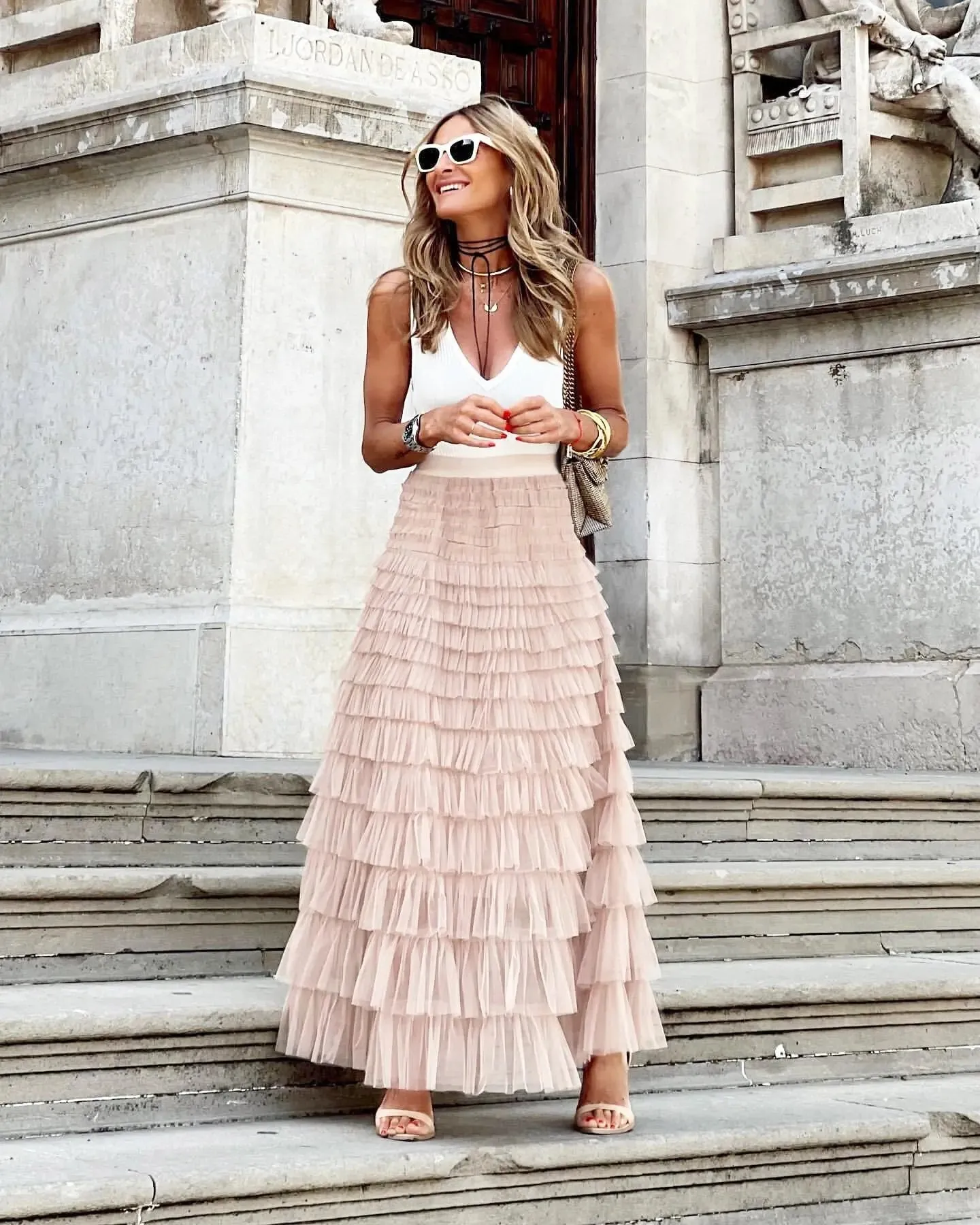 Long Skirt Party Dress Layered Ruffles Cake Skirt Summer Fashion A Line Swing Mesh Long Skirt Party Dress Women