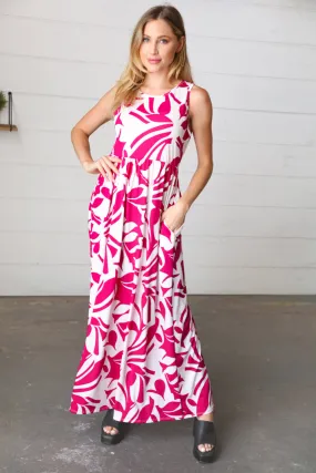 Magenta & White Floral Fit and Flare Sleeveless Maxi Dress