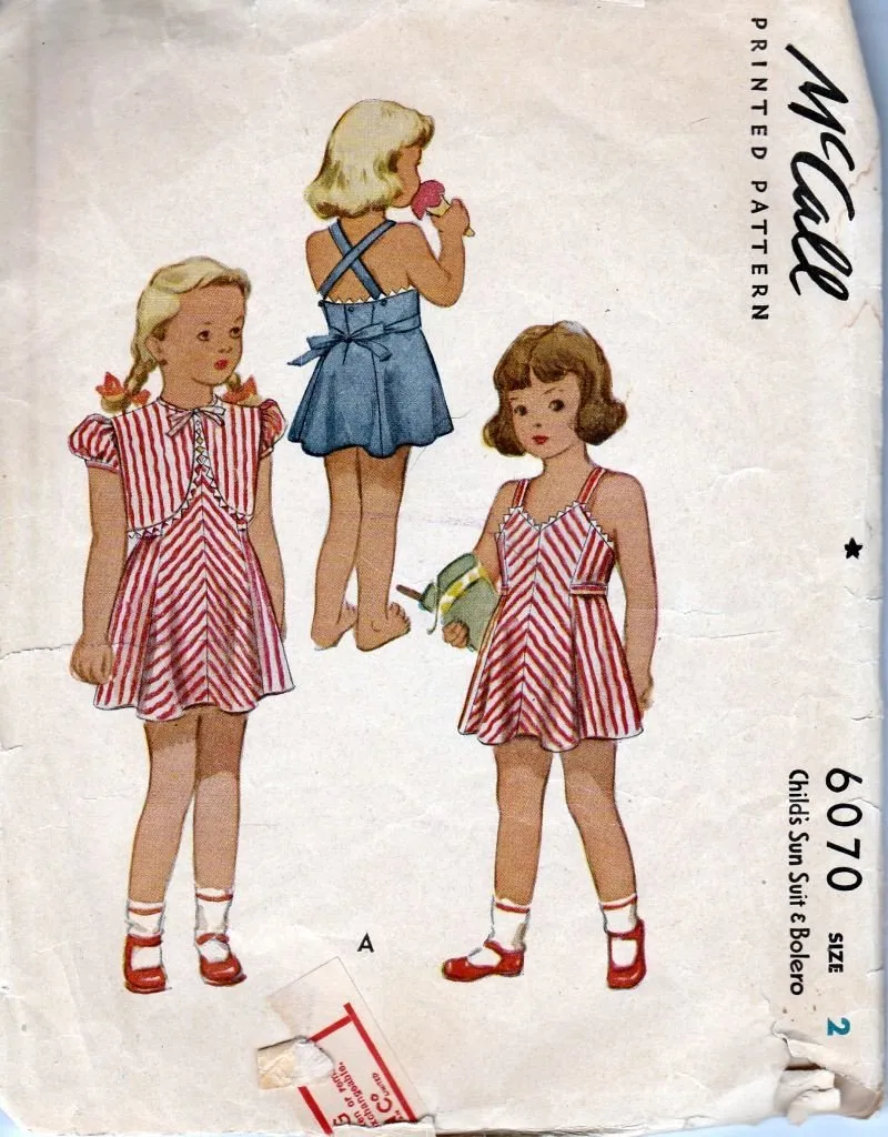 McCall 6070 Vintage 1940's Sewing Pattern Girls Toddler Sun suit Sun Dress Bolero Jacket