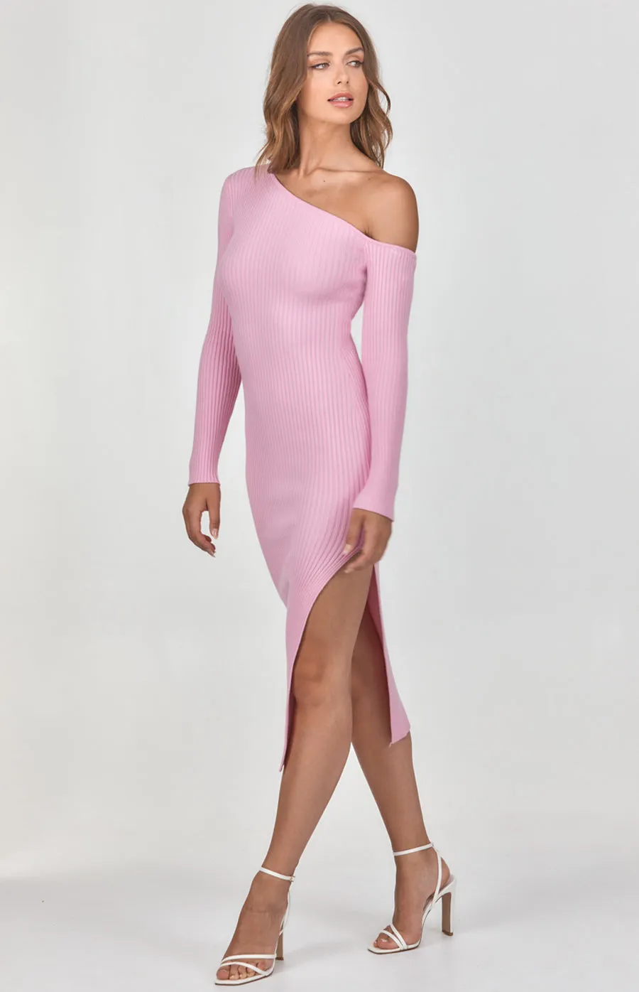 One Shoulder Knit Midi Dress with Side Split