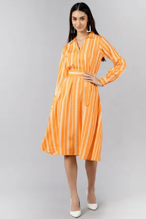 Orange Polyester Striped Midi Dress