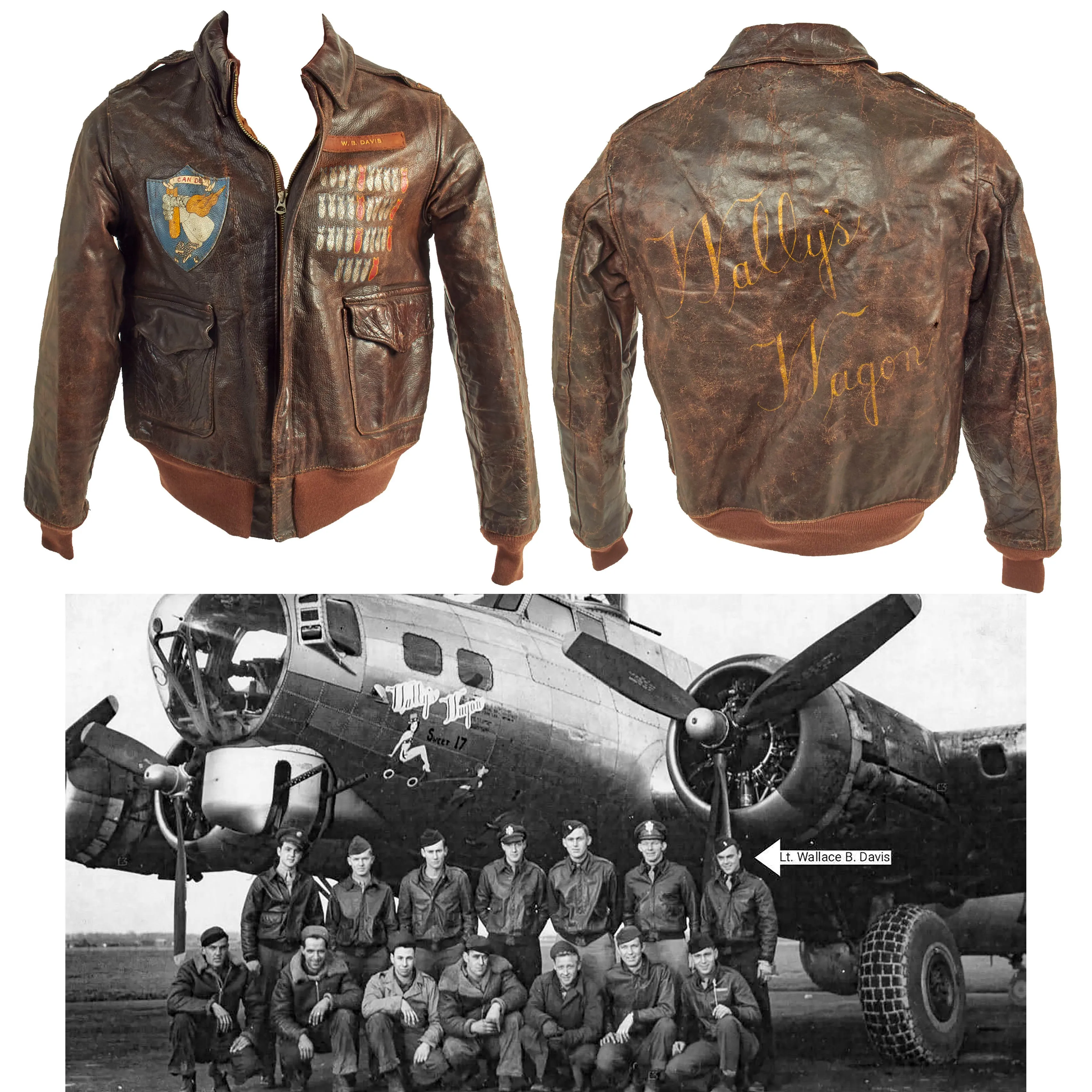 Original U.S. WWII 422nd Bomb Squadron B-17 Wally’s Wagon Painted A-2 Flight Jacket of Pilot Lt. Wallace “Wally” B Davis - Aircraft Shot Down and Used By The Luftwaffe