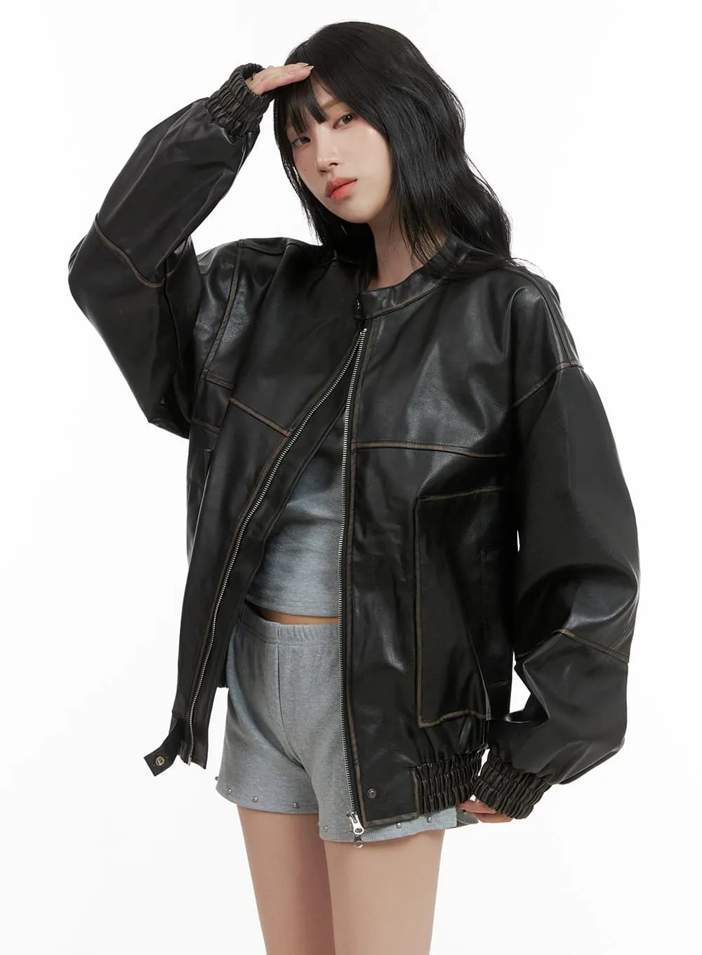 Oversized Faux Leather Bomber Jacket (UNISEX) CG420