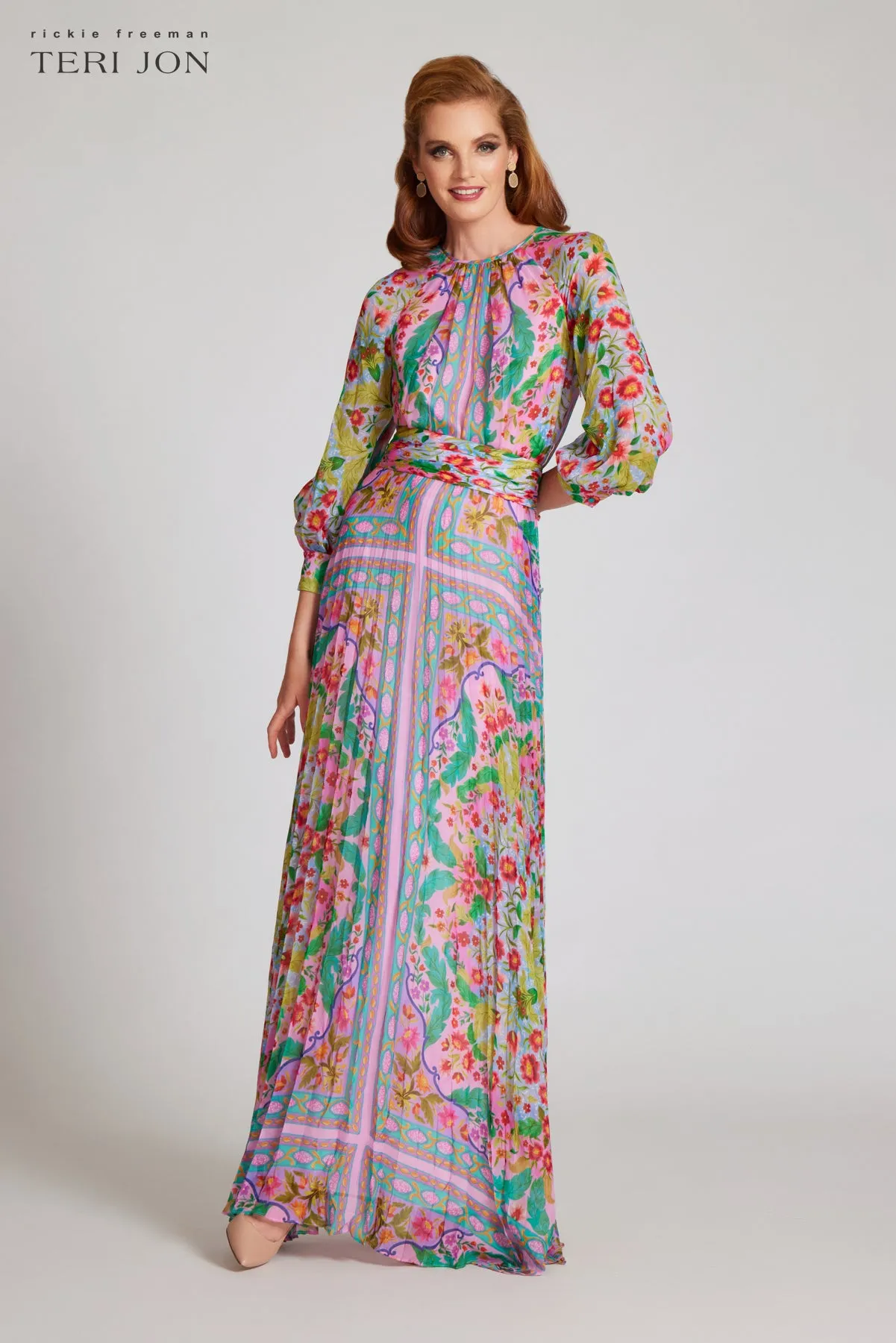 Patchwork Printed Chiffon Pleated Gown