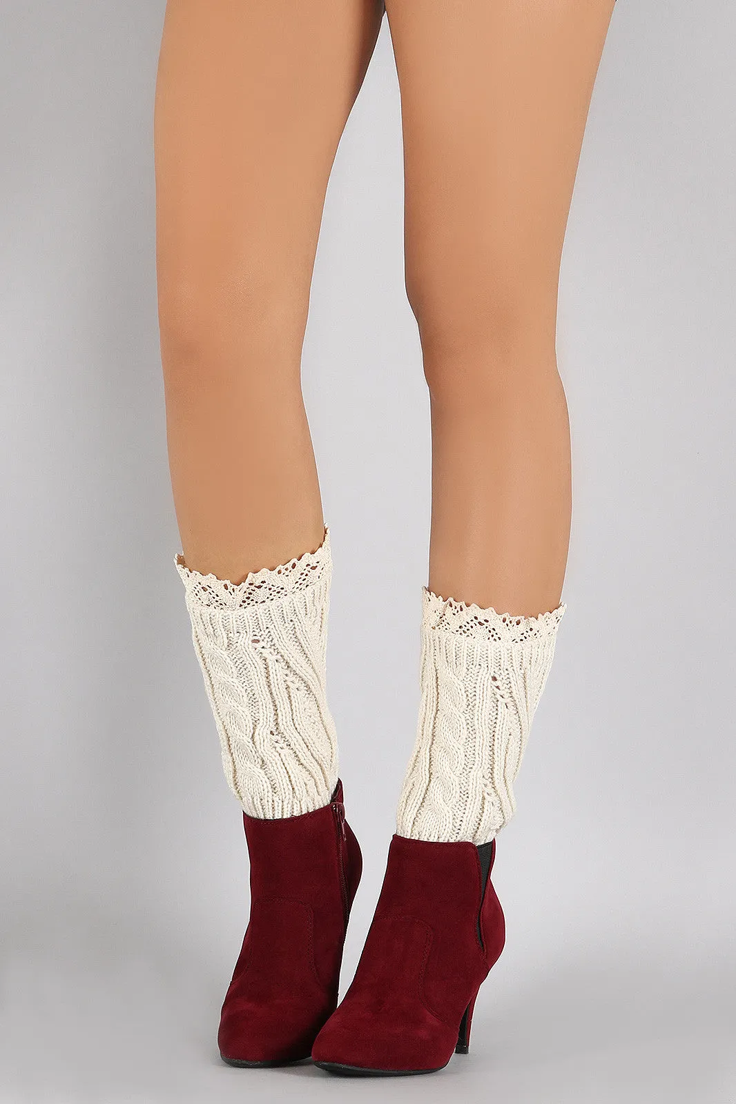 Patterned Knit Crochet Trim Leg Warmers