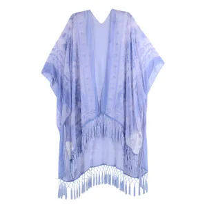 Periwinkle Boho Festival Burnout Velvet Kimono long Shawl with Tassel Beach Cover-up Luxury Shawl