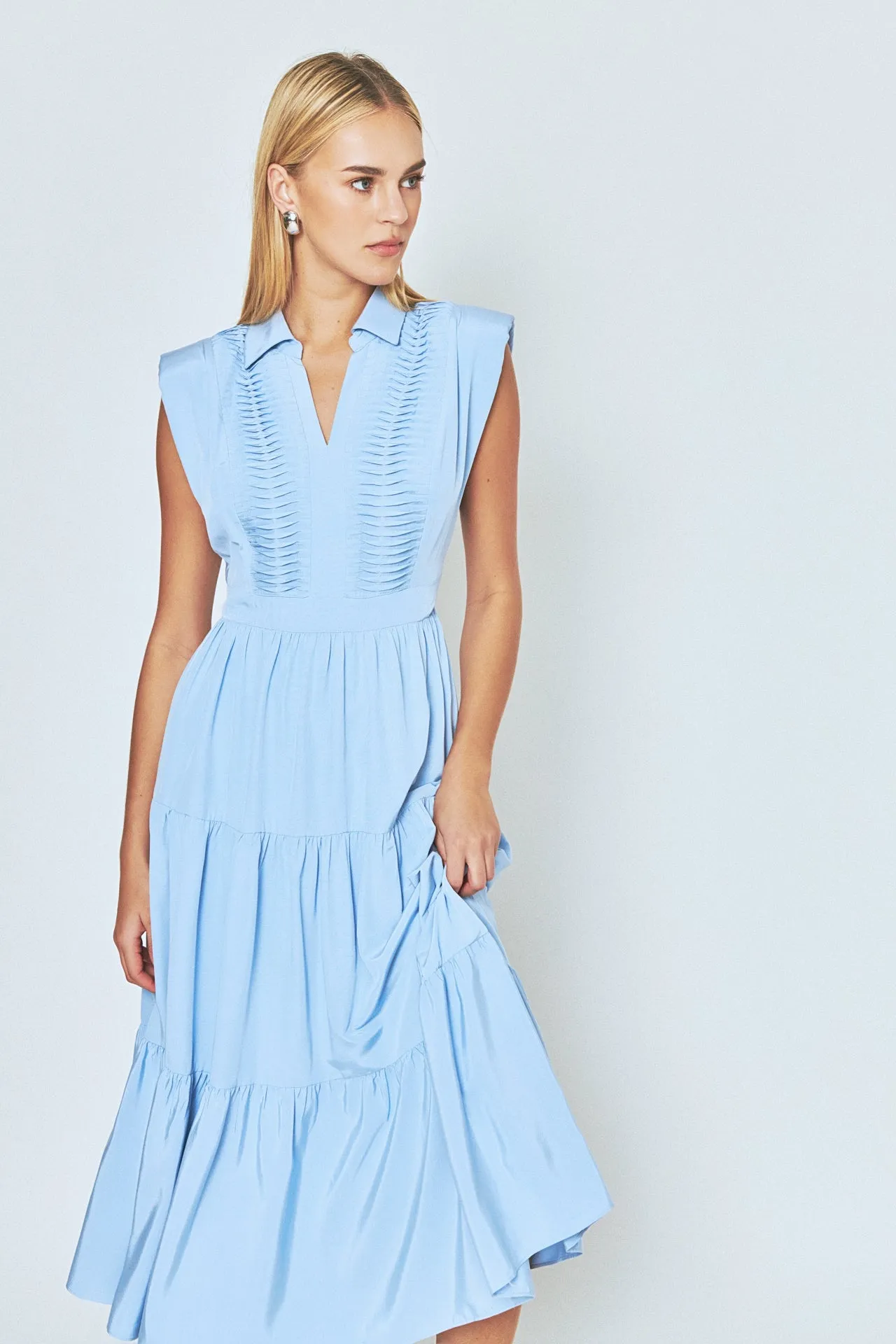 Pintuck Details Sleeveless Midi Dress