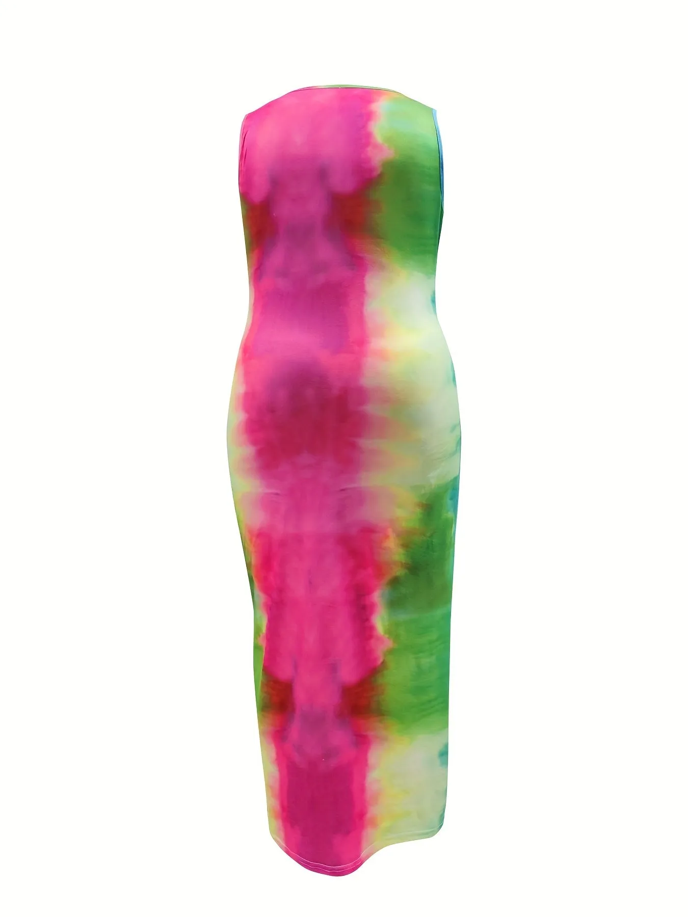 Plus Size Casual Dress, Women's Plus Tie Dye Print Knot Tie Front Nipped Waist Medium Stretch Maxi Tank Dress