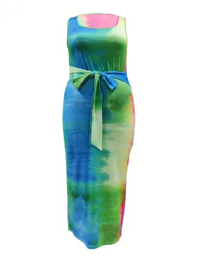 Plus Size Casual Dress, Women's Plus Tie Dye Print Knot Tie Front Nipped Waist Medium Stretch Maxi Tank Dress