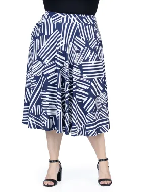 Plus Size Navy Geometric Print Pleated Midi Skirt With Pockets