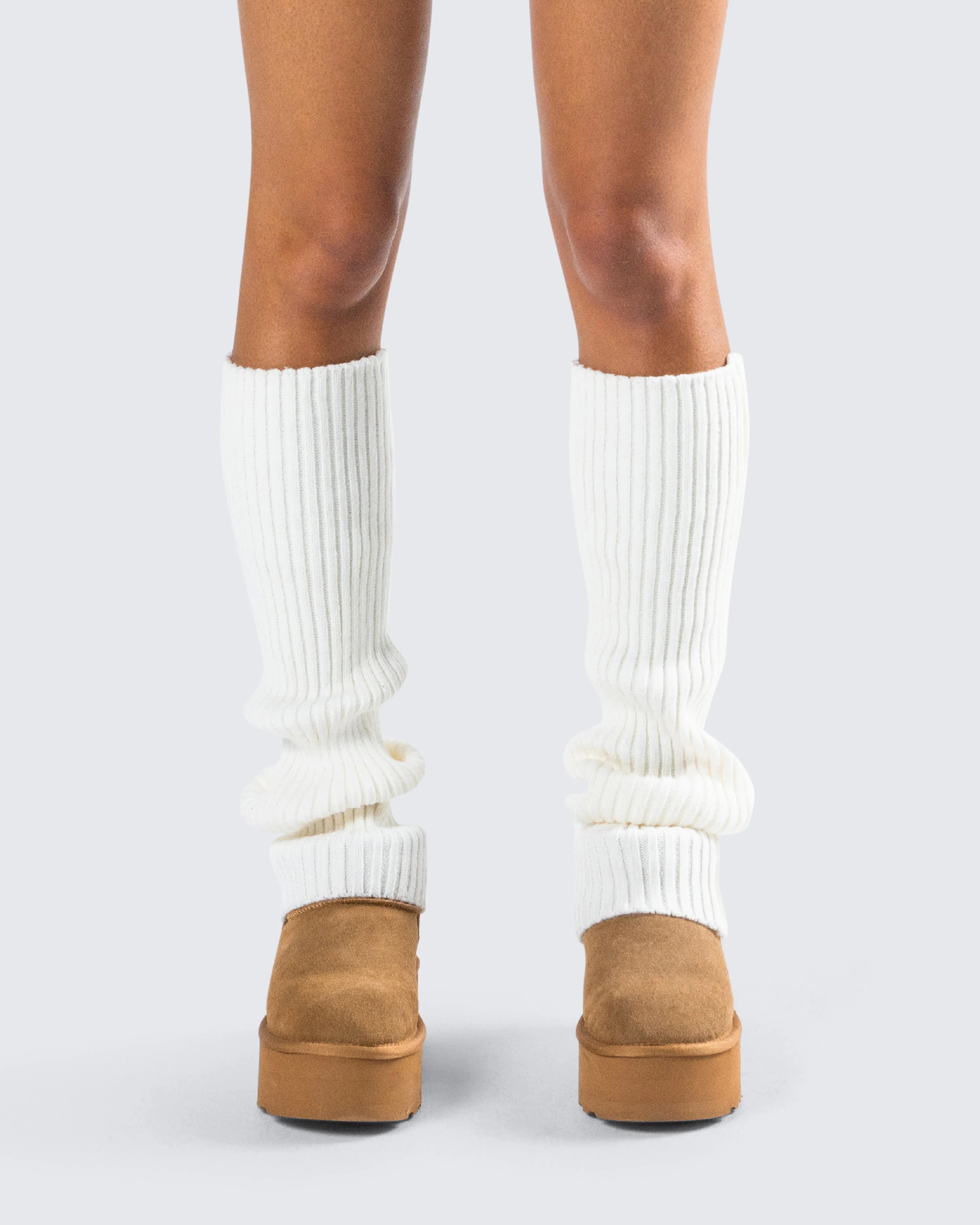 Pollie White Ribbed Leg Warmer