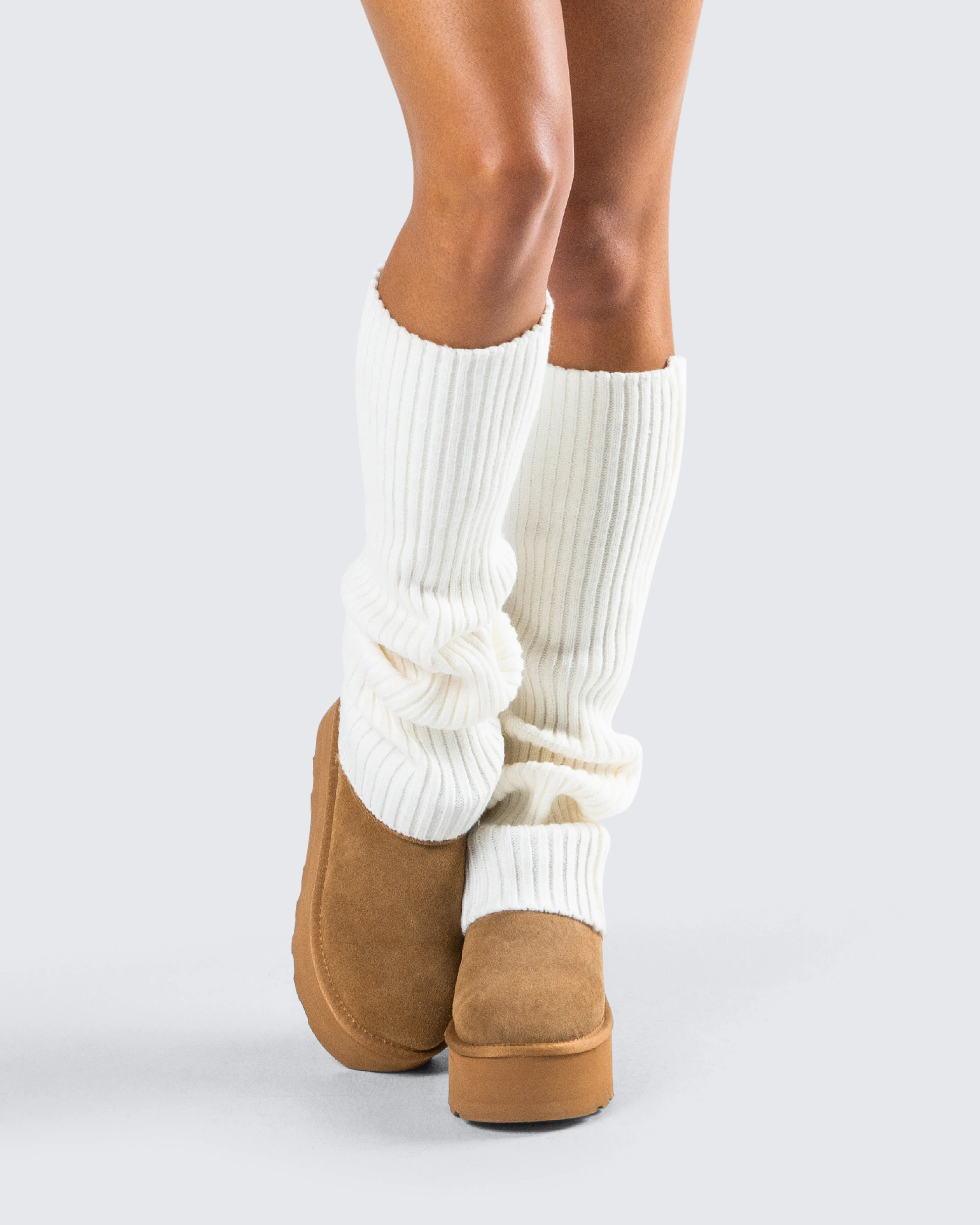 Pollie White Ribbed Leg Warmer