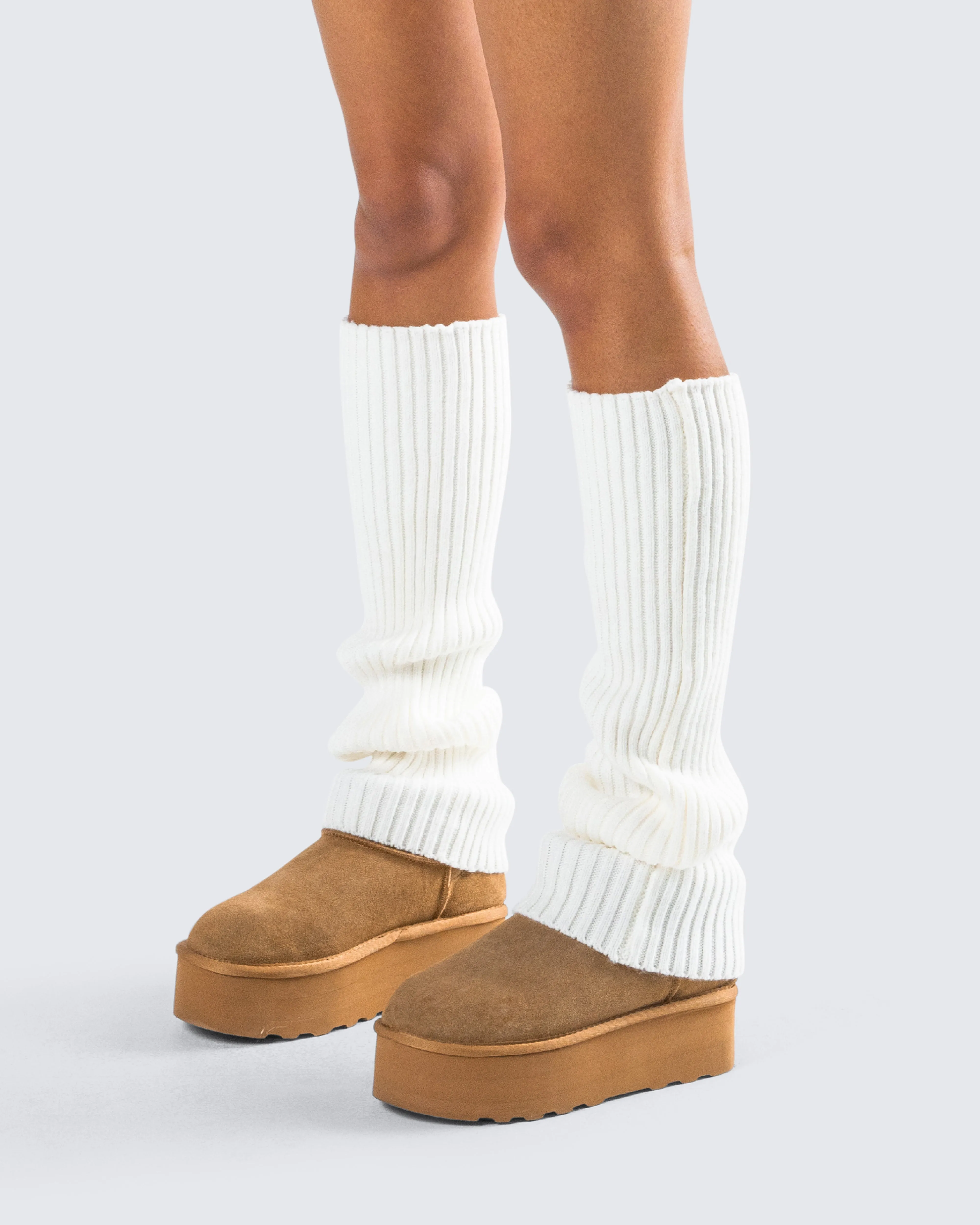 Pollie White Ribbed Leg Warmer