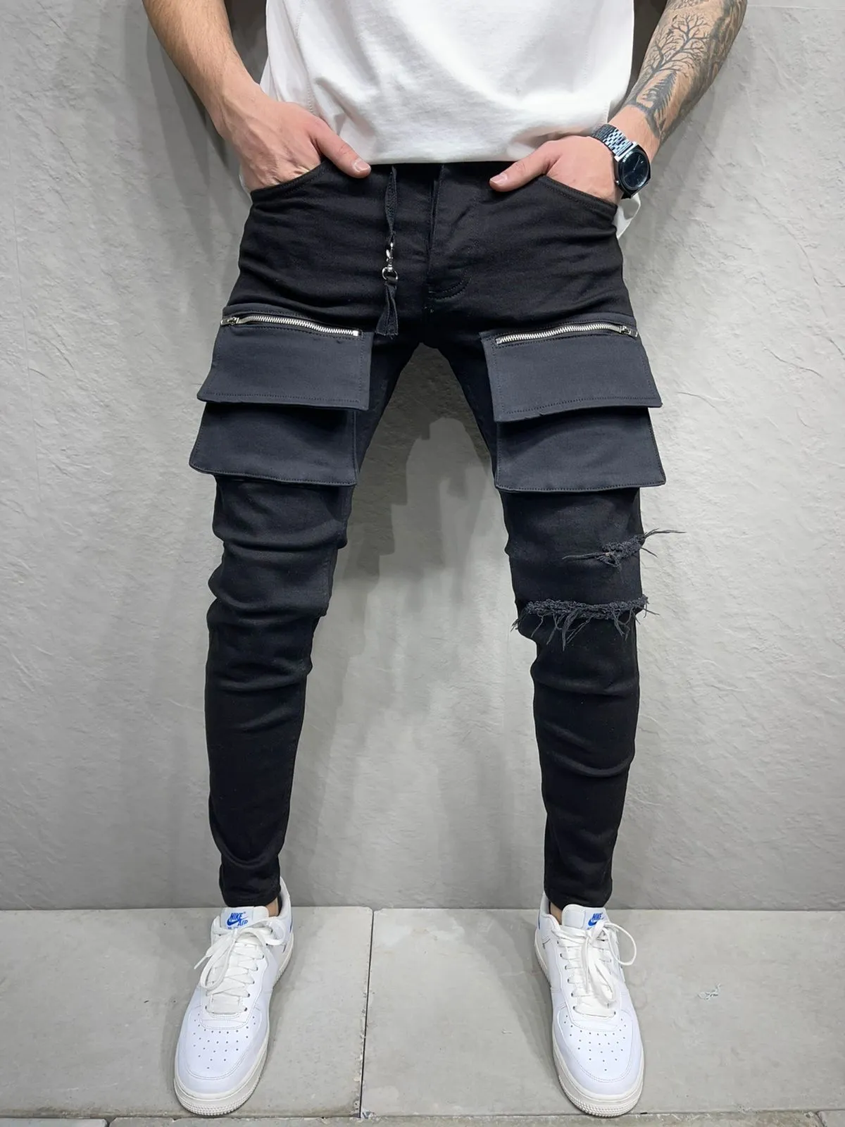 Pox Slim Cargo Ripped Jeans - Black  Y16