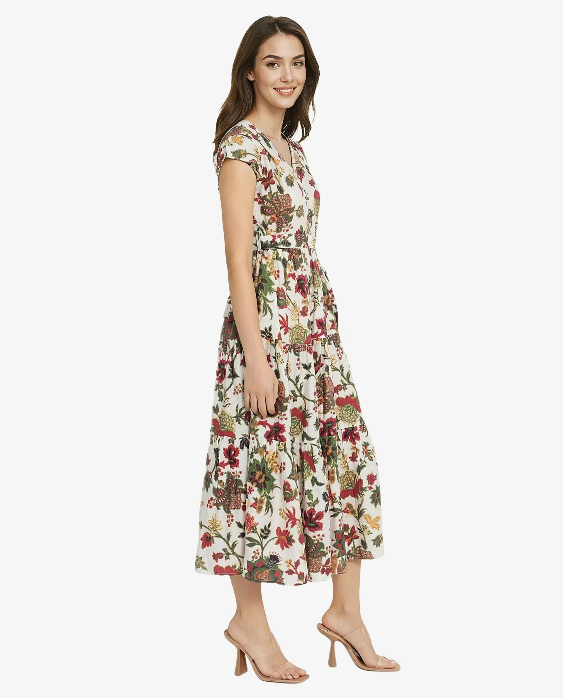 Rareism Women Tosa Multi Cap Sleeves V-Neck Button Closure Fit And Flare Midi Floral Print Dress