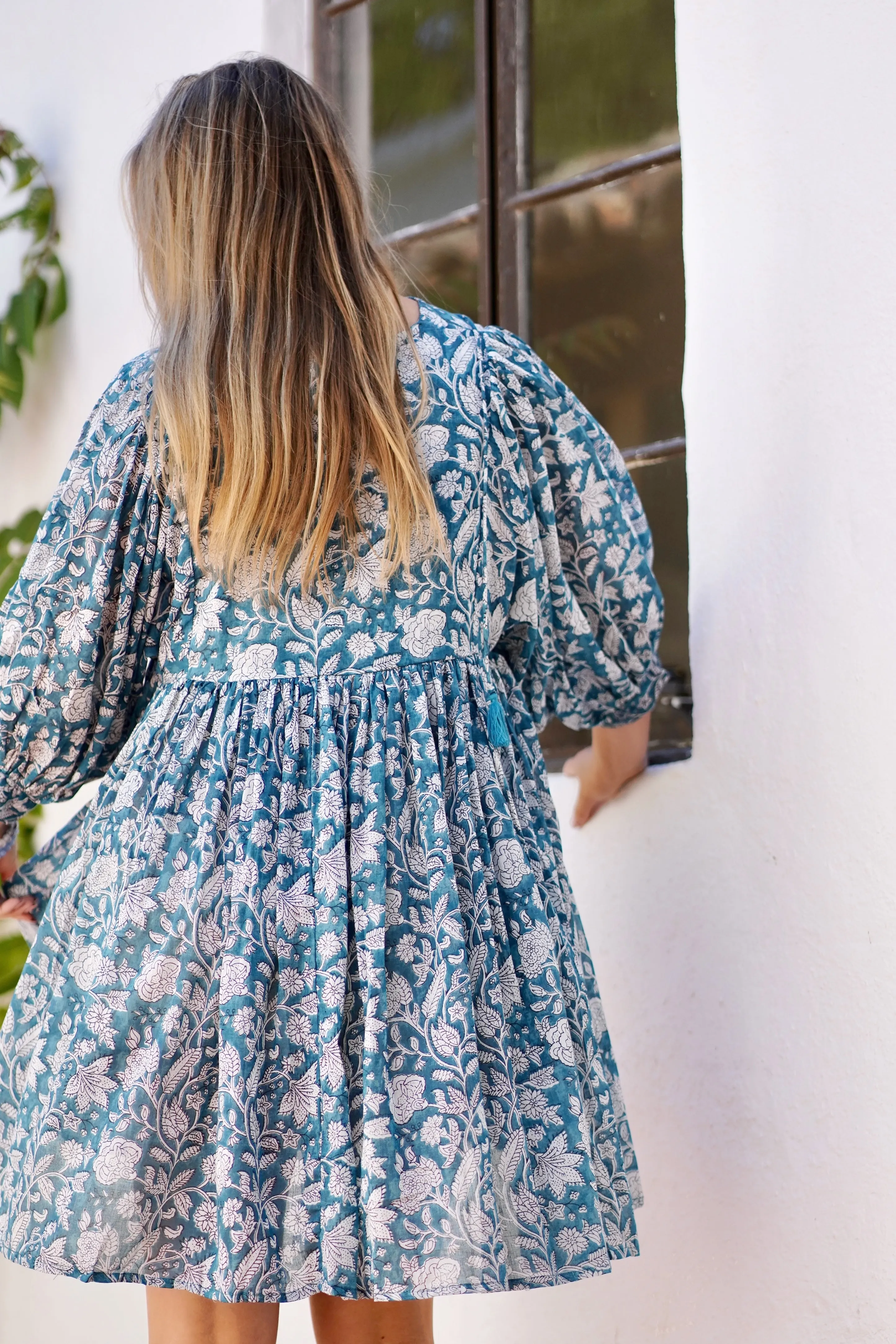 Raya Block Printed Mini Dress- Teal