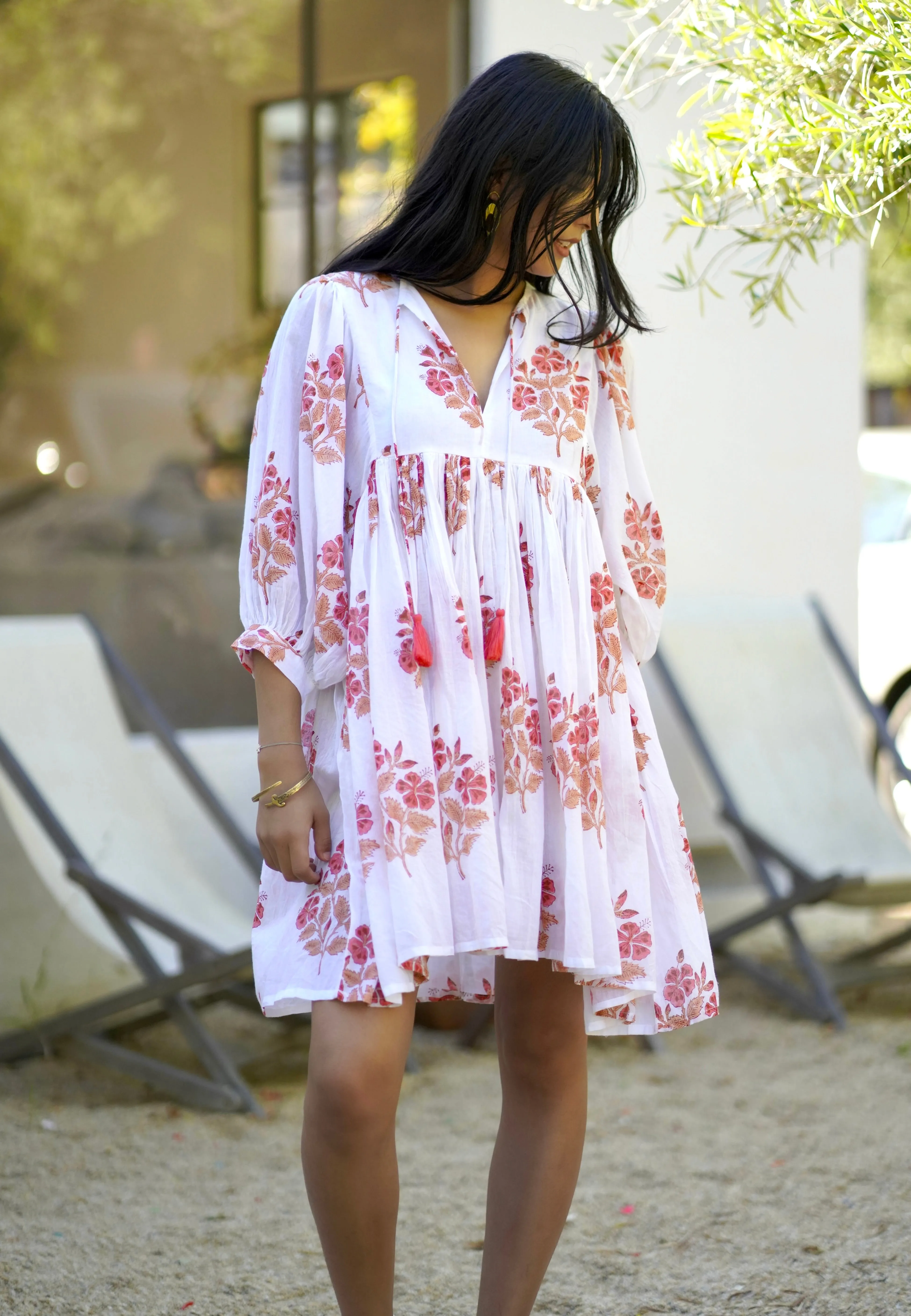 Raya Block Printed Mini Dress- White Coral