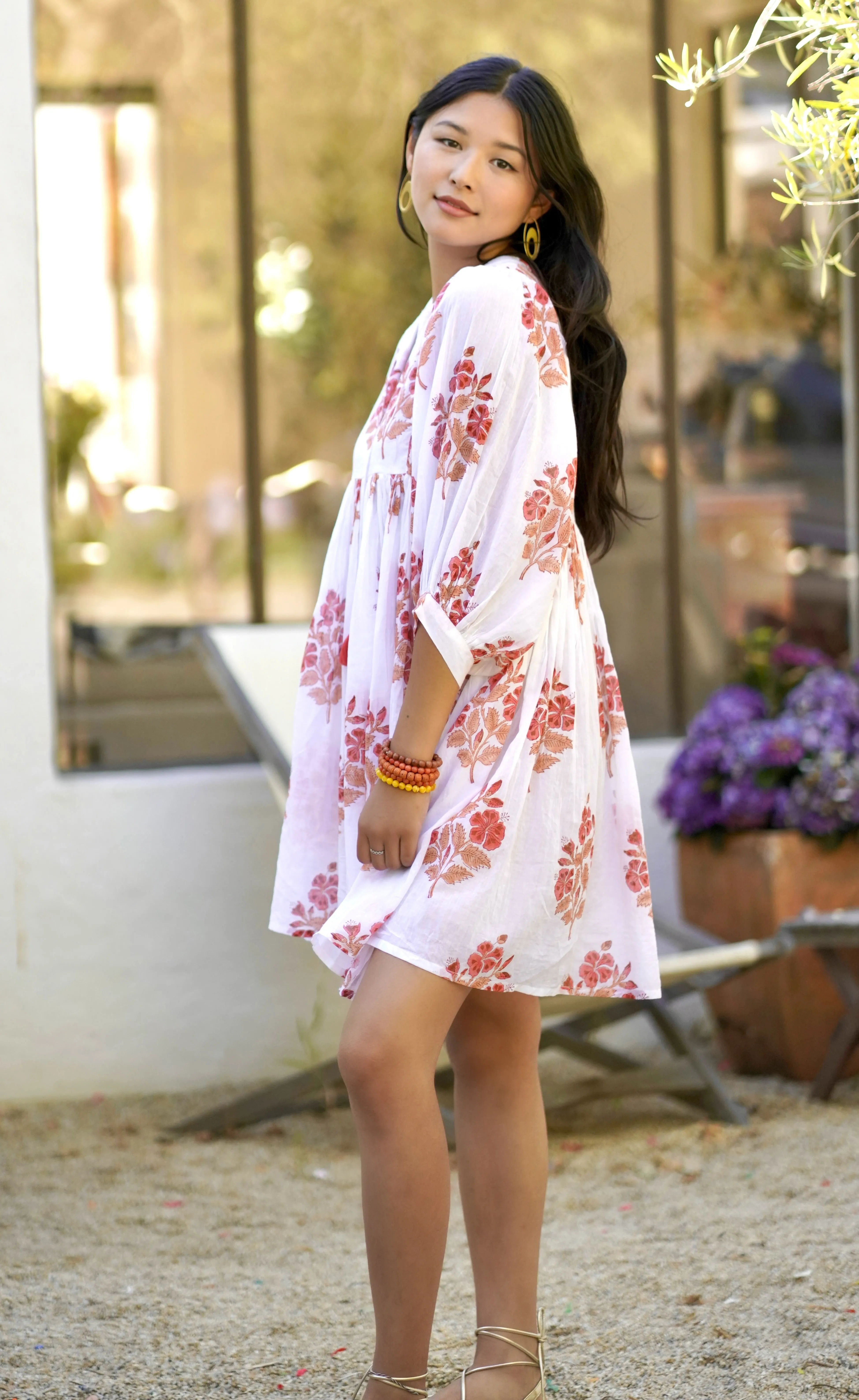 Raya Block Printed Mini Dress- White Coral